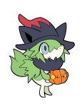  animal_ears animal_focus animalization basket black_hat blue_eyes cosplay fox_ears full_body fur_collar green_fur hat holding holding_basket looking_at_viewer mieaowu n_(pokemon) no_humans pokemon pokemon_(creature) pokemon_black_and_white pokemon_focus simple_background snivy solo standing white_background witch_hat zorua zorua_(cosplay) 