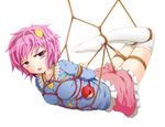  annoyed arms_behind_back bad_id bad_pixiv_id bdsm bondage bound bound_knees bound_legs bound_thighs box_tie breasts crotch_rope eyes hairband heart komeiji_satori kuri_(riko) medium_breasts pink_eyes pink_hair rope shibari shibari_over_clothes short_hair solo suspension thighhighs touhou white_legwear 