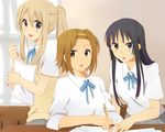  :o akiyama_mio alternate_hairstyle bad_id bad_pixiv_id black_eyes black_hair blonde_hair blue_eyes brown_eyes brown_hair eyebrows hairband k-on! karuha kotobuki_tsumugi long_hair multiple_girls open_mouth papers ponytail round_teeth school_uniform short_hair sweater_vest tainaka_ritsu teeth thumbs_up 