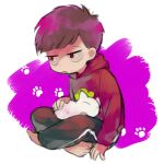 1boy barefoot black_eyes black_pants cat commentary_request full_body long_sleeves male_focus matsuno_ichimatsu open_mouth osomatsu-san osomatsu_(series) pants paw_print sawarabi sitting solo white_cat 