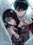  2boys alien_stage angel_and_devil angel_wings black_eyes black_hair black_veil closed_mouth commentary_request demon_wings fang fang_out finger_cots garena_0592 green_eyes grey_hair grey_horns grey_sweater halo hand_on_another's_shoulder highres horns ivan_(alien_stage) male_focus multiple_boys official_alternate_costume own_hands_together red_pupils red_wings shirt short_hair sweater till_(alien_stage) turtleneck turtleneck_shirt veil white_shirt white_wings wings 