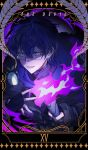  1boy black_background black_border black_gloves black_jacket blue_hair border card_(medium) commentary_request creature english_commentary english_text fingerless_gloves fire fur-trimmed_jacket fur_trim glasses gloves hair_between_eyes hand_up highres holding holding_torch jacket leos_vincent long_sleeves male_focus mameneko_(leos_vincent) mixed-language_commentary nijisanji nizisharp5178 official_alternate_costume open_mouth purple_fire rectangular_eyewear roman_numeral short_hair smile tarot tarot_(medium) the_devil_(tarot) torch upper_body virtual_youtuber 