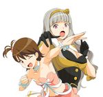  a1 absurdres armpits beyond_the_nobles breasts brown_eyes brown_hair cleavage cute_&amp;_girly_(idolmaster) flat_chest futami_ami gloves grey_hair hands highres idolmaster idolmaster_(classic) long_hair medium_breasts multiple_girls non-web_source one_eye_closed pink_eyes shijou_takane short_hair 