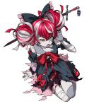  1girl ahoge arm_up bandaged_arm bandaged_leg bandages black_bow black_corset black_dress blunt_ends bow charm_(object) chest_sarashi collarbone colored_skin colored_tongue commentary corset diamond-shaped_pupils diamond_(shape) double_bun dress dress_bow earrings fang fingernails flat_chest frilled_bow frills from_above full_body gradient_eyes green_eyes grey_hair grey_skin hair_bow hair_bun hand_on_floor heterochromia highres hololive hololive_indonesia huge_bow impaled invisible_floor jewelry kureiji_ollie kureiji_ollie_(1st_costume) layered_dress long_hair looking_to_the_side mary_janes messy_hair mismatched_pupils multicolored_eyes multicolored_hair multicolored_skin nadrasu object_through_head open_mouth patchwork_skin pink_hair puffy_short_sleeves puffy_sleeves purple_skin purple_tongue red_bow red_eyes red_hair red_shoes ribbon sarashi sharp_fingernails shoes short_sleeves simple_background single_bare_shoulder sitting solo stitched_arm stitched_chest stitched_face stitched_leg stitched_torso stitches stuffed_animal stuffed_toy sword_in_head symbol-shaped_pupils teddy_bear torn_clothes torn_dress two-tone_bow two-tone_eyes udin_(kureiji_ollie) untranslatable_commentary virtual_youtuber white_background white_skin wrist_ribbon x-shaped_pupils yellow_eyes yokozuwari zombie 