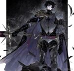  1boy armor belt black_feathers black_gloves black_hair closed_mouth commentary cowboy_shot earrings feathers gloves gold_trim greatsword highres holding holding_sword holding_weapon jewelry knight looking_at_viewer male_focus original pale_skin purple_belt short_hair sword twitter_username uda_(xax_057) untranslatable_commentary weapon 