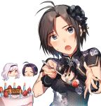  3girls :o birthday_cake black_dress black_hair blush cake china_dress chinese_clothes commentary_request dress floral_print floral_print_dress food fork fruit grey_eyes highres holding holding_fork idolmaster idolmaster_(classic) kikuchi_makoto looking_at_viewer mihen miura_azusa multiple_girls open_mouth patterned_clothing print_dress shijou_takane short_hair short_sleeves simple_background solo_focus strawberry upper_body white_background 