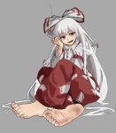  1girl absurdres barefoot bow cigarette collared_shirt commentary dirty dirty_feet feet foot_focus fujiwara_no_mokou full_body grey_background grey_hair hair_bow highres holding holding_cigarette jager long_hair long_sleeves looking_at_viewer lower_teeth_only multiple_hair_bows ofuda ofuda_on_clothes open_mouth pants red_eyes red_pants shirt simple_background smile smoking soles solo suspenders teeth toes touhou untranslatable_commentary very_long_hair white_shirt 