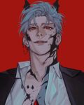  black_jacket body_markings collared_shirt ear_piercing earrings facial_tattoo gem grey_hair highres horns jacket jewelry lips looking_at_viewer love_and_deepspace male_focus neck_tattoo open_clothes parted_lips piercing portrait red_background red_eyes red_gem shirt short_hair simple_background slit_pupils smile smirk solo sylus_(love_and_deepspace) tattoo twistedfei upper_body white_shirt 