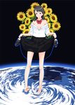  bad_id bad_pixiv_id bare_shoulders barefoot black_hair earth feet flower giantess grey_eyes holding holding_shoes legs nanahime original shoes skirt skirt_lift solo splashing sunflower toes wading 