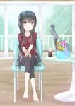  anklet bad_id bad_pixiv_id banned_artist barefoot black_eyes black_hair chair crossed_legs dress drink drinking feet flower headphones jewelry leaning long_hair looking_back mirai_(macharge) multiple_girls original sitting smile striped sweater sweater_dress vase very_long_hair 