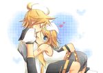  1girl aqua_eyes arms_around_back ass belt blonde_hair blush brother_and_sister closed_eyes cuddling detached_sleeves forehead_kiss hair_ornament hair_ribbon hairclip hand_on_another's_head heart hug imminent_kiss kagamine_len kagamine_rin kiss leaning_on_person messy_hair nao_(flake) one_eye_closed ponytail ribbon sailor_collar short_hair short_ponytail shorts siblings sitting smile twins vocaloid 