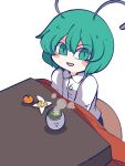  1girl antennae blush chahan_(fried_rice0614) collared_shirt commentary_request cup food fruit green_eyes green_hair green_tea highres kotatsu long_sleeves looking_at_viewer mandarin_orange open_mouth shirt short_hair simple_background sitting slit_pupils smile solo table tea touhou upper_body white_background white_shirt wriggle_nightbug yunomi 