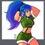  1girl abs adjusting_hair arms_behind_head arms_up black_gloves blue_eyes blue_hair collared_jacket earrings gloves green_jacket hair_tie hair_tie_in_mouth hairband hands_in_own_hair highres holding_own_hair jacket jaliet_exe jewelry leona_heidern midriff mouth_hold ponytail shorts solo suspenders the_king_of_fighters triangle_earrings tying_hair white_hairband 
