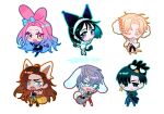  3boys 3girls aggressive_retsuko alien_stage alternate_skin_color animal_ears aqua_eyes badtz-maru black_coat black_dress black_eyes black_hair black_tank_top blonde_hair blue_bow blue_hair blue_pants bow brown_hair chibi chibi_only cinnamoroll coat cogimyun commentary dog_ears dress fuwa_fuwa_cinnamoroll gradient_hair gradient_pants grey_eyes grey_pants hair_bow hyuna_(alien_stage) ivan_(alien_stage) jl_seiko kuromi lightened_skin luka_(alien_stage) mizi_(alien_stage) multicolored_hair multiple_boys multiple_girls my_melody my_melody_(series) pants pink_hair purple_eyes red_pants red_pupils retsuko sanrio sharp_teeth shirt signature sua_(alien_stage) tank_top teeth till_(alien_stage) two-tone_hair untranslatable_commentary white_dress white_shirt yellow_eyes yellow_pants 