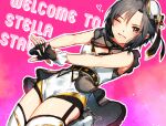  1girl ;) black_gloves black_hair commentary_request cowboy_shot fingerless_gloves gloves grey_eyes hat heart highres idolmaster idolmaster_(classic) idolmaster_stella_stage kikuchi_makoto leotard looking_at_viewer mihen mini_hat official_alternate_costume one_eye_closed pink_background short_hair showgirl_skirt smile solo standing thighhighs top!_clover_(idolmaster) underbutt white_hat white_leotard white_thighhighs 