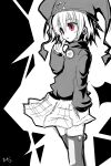  2000s_(style) amagase_lyle bat_wings black_background black_shirt black_thighhighs commentary_request detached_wings finger_to_own_chin hat highres jester_cap large_earrings long_sleeves nanika_wiz_mayura orb partially_colored plaid_clothes plaid_skirt red_eyes shirt short_hair skirt thighhighs turtleneck ukagaka wings zettai_ryouiki 