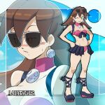  1girl absurdres artist_name bikini breasts brown_hair cleavage commentary earrings eyewear_on_head full_body green_eyes grin hands_on_own_hips highres jewelry large_breasts lautricius long_hair looking_at_viewer mega_man_(series) mega_man_legends_(series) mega_man_x_(series) mega_man_x_dive multiple_views official_alternate_costume one_eye_closed pink_bikini smile solo sunglasses swimsuit tron_bonne_(mega_man) 