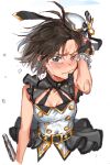  1girl antenna_hair black_eyes black_gloves black_hair breasts cleavage closed_mouth commentary_request cropped_torso crying crying_with_eyes_open fingerless_gloves gloves hand_up hat highres idolmaster idolmaster_(classic) idolmaster_stella_stage kikuchi_makoto leotard looking_at_viewer mihen mini_hat official_alternate_costume short_hair showgirl_skirt simple_background solo tears top!_clover_(idolmaster) white_background white_hat white_leotard 