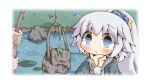  1boy 1girl bag blue_eyes blue_ribbon blush breasts closed_mouth collarbone colorjelly deformed fishing fishing_line fishing_rod framed_breasts game_asset grey_hair hair_between_eyes hair_ribbon hand_on_own_chin holding holding_fishing_rod irregular_border jacket long_hair long_sleeves medium_breasts non-web_source official_art open_clothes open_jacket pair_tabi_skinship pond ponytail ribbon self-datamine sidelocks tareme tirena_(pair_tabi_skinship) transparent_background 