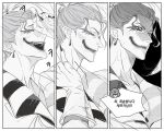  2boys clown commentary_request earrings facepaint final_fantasy final_fantasy_vi fingernails gloves highres jewelry kefka_palazzo korean_commentary korean_text long_hair looking_at_viewer makeup male_focus monochrome multiple_boys multiple_views pointy_ears ponytail sharp_fingernails shh_gdr smile speech_bubble 