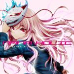  1girl absurdres agemono album_cover album_name arm_up blue_fire closed_mouth commentary cover expressionless eyelashes fire floating_hair fox_mask glowing glowing_eyes glowing_hair group_name hair_between_eyes hata_no_kokoro highres holding holding_mask light_particles long_hair long_sleeves looking_at_viewer looking_back looking_to_the_side mask mask_on_head multicolored_hair pink_background pink_eyes pink_hair plaid_clothes plaid_shirt portrait red_eyes shirt sidelocks solo sound_holic sparks streaked_hair tassel touhou white_hair wide_sleeves 