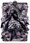  1girl absurdres black_boots black_dress black_wings boots detached_collar dress floral_background flower frilled_dress frilled_sleeves frills full_body gothic_lolita grey_flower grey_hair grey_rose hairband high_heel_boots high_heels highres juliet_sleeves lolita_fashion lolita_hairband long_hair long_sleeves looking_at_viewer mu_(1729032449) puffy_sleeves red_eyes rose rozen_maiden smile solo sparkle suigintou watermark watermark_grid wings 