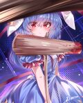  1girl absurdres ambiguous_red_liquid animal_ears blue_dress blue_hair blush chinese_commentary commentary_request dress earclip floppy_ears hair_between_eyes highres holding holding_mallet kine long_hair looking_at_viewer mallet puffy_short_sleeves puffy_sleeves rabbit_ears rabbit_girl red_eyes seiran_(touhou) short_sleeves signature solo top-exerou touhou 