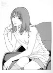  1girl artbook border chair cowboy_shot eguchi_hisashi fingernails greyscale highres jewelry lips looking_at_viewer medium_hair miniskirt monochrome necklace on_chair open_mouth original scan sitting skirt sleeveless socks turtleneck 