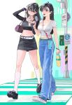  2girls amatiz arm_at_side bag belt black_eyes black_hair black_shoes black_skirt blue_pants blue_shoes breasts cellphone cleavage commentary covered_nipples crop_top cropped_shirt crosswalk cup disposable_cup drinking_straw drinking_straw_in_mouth earrings english_commentary full_body green_belt hand_up hands_up highres holding holding_cup hoop_earrings jewelry kneehighs loafers long_hair long_sleeves medium_breasts midriff miniskirt multiple_girls navel open_mouth original pants patreon_username pedestrian_lights phone purple_bag road_sign scoop_neck shoes short_sleeves sign skirt smartphone smile sneakers socks straight_hair sweat walking white_belt white_socks wispy_bangs 