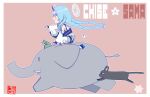  1girl :o bare_shoulders black_cat blue_archive blue_bow blue_hair blue_halo blush blush_stickers border bow braid bug butterfly cat character_name chise_(blue_archive) clenched_hand commentary_request deformed elephant floating_hair from_side hair_between_eyes halo horns index_finger_raised japanese_clothes kimono long_hair long_sleeves low_twin_braids oni open_mouth outline outstretched_arm pink_background pointing pointing_forward profile red_eyes sergei_(pattundo) sidelocks simple_background sitting sitting_on_animal skin-covered_horns solo star_(symbol) twin_braids very_long_hair white_border white_butterfly white_kimono white_outline wide_sleeves 