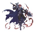  1boy absurdres armor armored_boots black_pants blue_cape boots breastplate brown_hair cape closed_mouth full_body gauntlets greatsword hair_ornament hand_up hands_up highres holding holding_sword holding_weapon incredibly_absurdres looking_at_viewer male_focus official_art over_shoulder pants red_eyes scar scar_on_face seven_knights_re:birth short_hair sieg_(seven_knights_re:birth) solo standing sword torn_cape torn_clothes transparent_background v-shaped_eyebrows weapon weapon_over_shoulder 