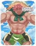  1boy abs armpit_hair artist_name bara beard_stubble blue_sky cloud commentary english_commentary english_text facial_hair green_shorts hat highres jacket_around_neck looking_at_viewer male_focus milo_(pokemon) muscular muscular_male navel nipples no_shirt open_mouth pectorals pokemon pokemon_sword_and_shield shorts sky smile sparse_chest_hair speech_bubble straw_hat stubble sweat topless_male wet_ghost 