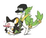  ^_^ animal_focus animalization baseball_cap black_fur black_hair black_hat blue_eyes closed_eyes cross emolga full_body green_fur hat hilda_(pokemon) jewelry looking_at_another mieaowu n_(pokemon) necklace no_humans plant pokemon pokemon_(creature) pokemon_black_and_white ponytail servine simple_background standing vines white_background white_hat 