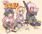  3girls absurdres airsoft ammunition apron assault_rifle backwards_hat baseball_cap black_hair blonde_hair blue_eyes blue_hat blue_jacket blue_shoes blue_shorts blue_skirt blush_stickers bocchi-ya-nawi boots brown_background brown_boots collared_shirt colored_shadow commentary_request drawstring fingerless_gloves gloves green_eyes green_necktie green_skirt grey_gloves grey_pantyhose grey_shirt grey_thighhighs grin gun hairband handgun hat highres holding holding_gun holding_weapon hood hood_down hoodie jacket lace-up_boots loafers m1911 multiple_girls necktie original pantyhose pantyhose_under_shorts pink_apron pink_hair pink_hoodie ponytail pump_action red_eyes red_hairband remington_870 rifle shadow shirt shoes short_shorts shorts shotgun shotgun_shell sig_sauer sig_sg553r skirt small_sweatdrop smile sweat thick_eyebrows thighhighs translation_request w weapon 