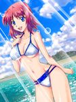  beach bikini blue_eyes day dutch_angle hibino_aki light_rays original red_hair short_hair solo sunbeam sunlight swimsuit yonecchi 