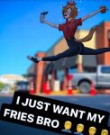  1girl absurdres animal_ears black_pants blush breasts closed_eyes commentary crown cup disposable_cup english_commentary food french_fries hair_between_eyes highres holding holding_cup horse_ears horse_girl horse_tail jumping manjo_(warito) mcdonald's mini_crown open_mouth orange_hair pants photo_background pink_crown red_shirt shirt short_hair smile solo sparkle split t.m._opera_o_(umamusume) tail teeth umamusume upper_teeth_only 