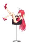  1girl animal_ears bare_shoulders black_bow black_bowtie bow bowtie chair commentary_request detached_sleeves eating fake_animal_ears feet flat_chest food full_body hair_between_eyes high_heels highres holding legs_up leotard long_hair looking_at_viewer ohlia on_chair parfait playboy_bunny rabbit_ears reclining red_eyes red_hair red_leotard shakugan_no_shana shana shoe_dangle simple_background solo very_long_hair white_background wrist_cuffs 