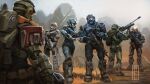  1girl 5boys absurdres ammunition_backpack anti-materiel_rifle armor artist_name assault_rifle backpack bag battle_rifle bipod blue_armor blue_helmet bullpup carter-a259 catherine-b320 combat_helmet combat_knife commentary dry_grass emile-a239 english_commentary explosive full_armor green_armor green_helmet grenade grey_armor grey_helmet gun gun_sling halo:_reach halo_(series) haze helmet highres holding holding_gun holding_tablet_pc holding_weapon jorge-052 jun-a266 knife knife_sheath m392_marksman m45_shotgun ma5 mechanical_arms military mismatched_pauldrons multicolored_armor multiple_boys noble_team_(halo) orange_assault_visor pauldrons pouch power_armor prosthesis prosthetic_arm pump_action reflective_assault_visor rifle rock scarf science_fiction scope sheath sheathed shotgun shoulder_armor single_mechanical_arm skull_print sniper_rifle soldier soul_ant19 spartan-b312 spartan_(halo) srs99 standing tablet_pc weapon 
