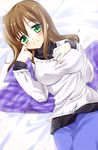  azuma_ezu bad_id bad_pixiv_id brown_hair from_above green_eyes hayate_no_gotoku! light_smile long_hair long_sleeves lying on_back sanzen'in_yukariko shawl solo sweater 