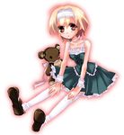  blonde_hair brown_eyes dress frills hairband higurashi_no_naku_koro_ni houjou_satoko ico_(pekoguest) ribbon solo stuffed_animal stuffed_toy teddy_bear thighhighs 