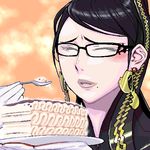  bayonetta bayonetta_(character) black_hair blush closed_eyes earrings eating face food foodgasm fork glasses gloves happy jewelry lips long_hair lowres matagitii mole mole_under_mouth parted_lips plate pun solo spoon viennetta white_gloves 