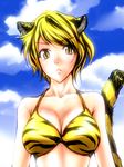  animal_ears animal_print bikini blonde_hair itsuku kemonomimi_mode multicolored_hair short_hair solo swimsuit tail tiger_ears tiger_print tiger_tail toramaru_shou touhou yellow_eyes 