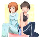  antenna_hair bad_id bad_pixiv_id brown_eyes brown_hair closed_eyes hagiwara_yukiho idolmaster idolmaster_(classic) kikuchi_makoto kinayuu midriff multiple_girls navel short_hair track_suit 