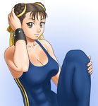  bracelet brown_eyes brown_hair capcom chun-li double_bun double_buns jewelry leotard ribbon shun_(artist) street_fighter yellow_ribbon 