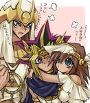  2boys atem bad_id bad_pixiv_id bare_shoulders brown_hair cheek-to-cheek green_eyes headdress hood hug jewelry kooriyama_ichirou love_triangle mahado mana_(yuu-gi-ou) multiple_boys necklace translated yuu-gi-ou yuu-gi-ou_duel_monsters 