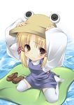  blonde_hair blush dress foreshortening frown hair_ribbon hands_on_headwear hat holding_head kneeling lily_pad loafers looking_up moriya_suwako nanashi_(soregashi) ribbon shoes shoes_removed sitting solo thighhighs touhou wariza water white_legwear zettai_ryouiki 