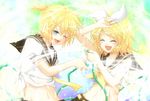  1girl blonde_hair brother_and_sister hose kagamine_len kagamine_rin one_eye_closed siblings twins vocaloid water zashiki_usagi 