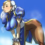  :o bent_over bracelet brown_eyes brown_hair bun_cover china_dress chinese_clothes chun-li cosine double_bun dress earrings highres jewelry legs muscle no_panties pantyhose pelvic_curtain sash solo spiked_bracelet spikes street_fighter 