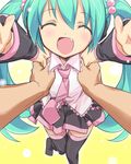  ^_^ alternate_color alternate_costume aqua_hair bad_id bad_pixiv_id carry_me child closed_eyes detached_sleeves eeeeee fang hair_bobbles hair_ornament hands happy hatsune_miku holding jpeg_artifacts long_hair necktie open_mouth outstretched_arms petite_miku pov smile thighhighs twintails very_long_hair vocaloid zettai_ryouiki 