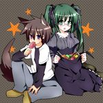  1girl animal_ears bad_id bad_pixiv_id brown_hair candy food glasses green_eyes green_hair halloween hat hayate_no_gotoku! kijima_saki lollipop long_hair purple_eyes shacttainw swirl_lollipop tachibana_wataru tail twintails witch_hat wolf_ears wolf_tail 